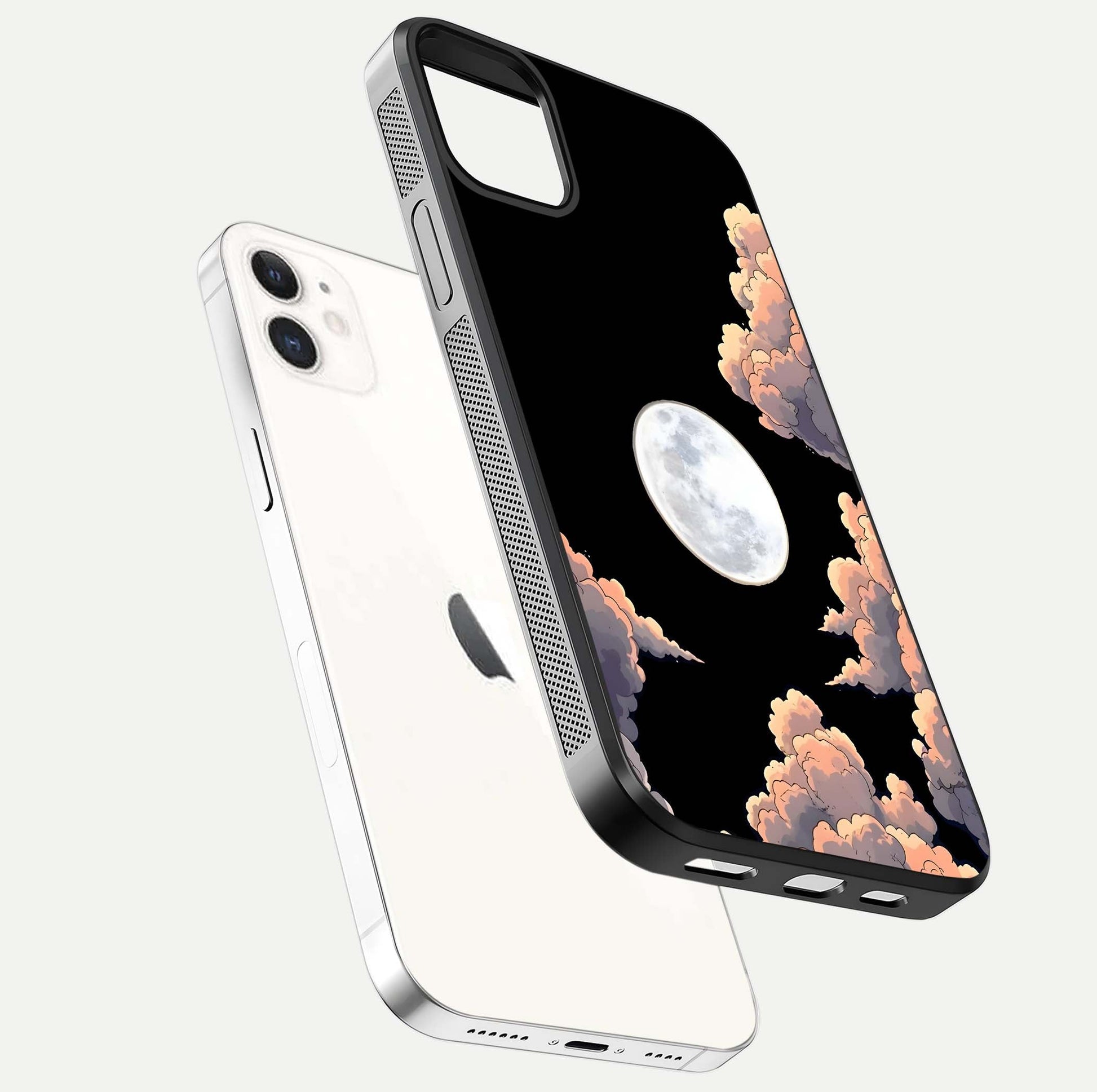 Shade Cloud Moon Glass Case for iphone-12 floating dual-view mockup showing gloss and celestial texture