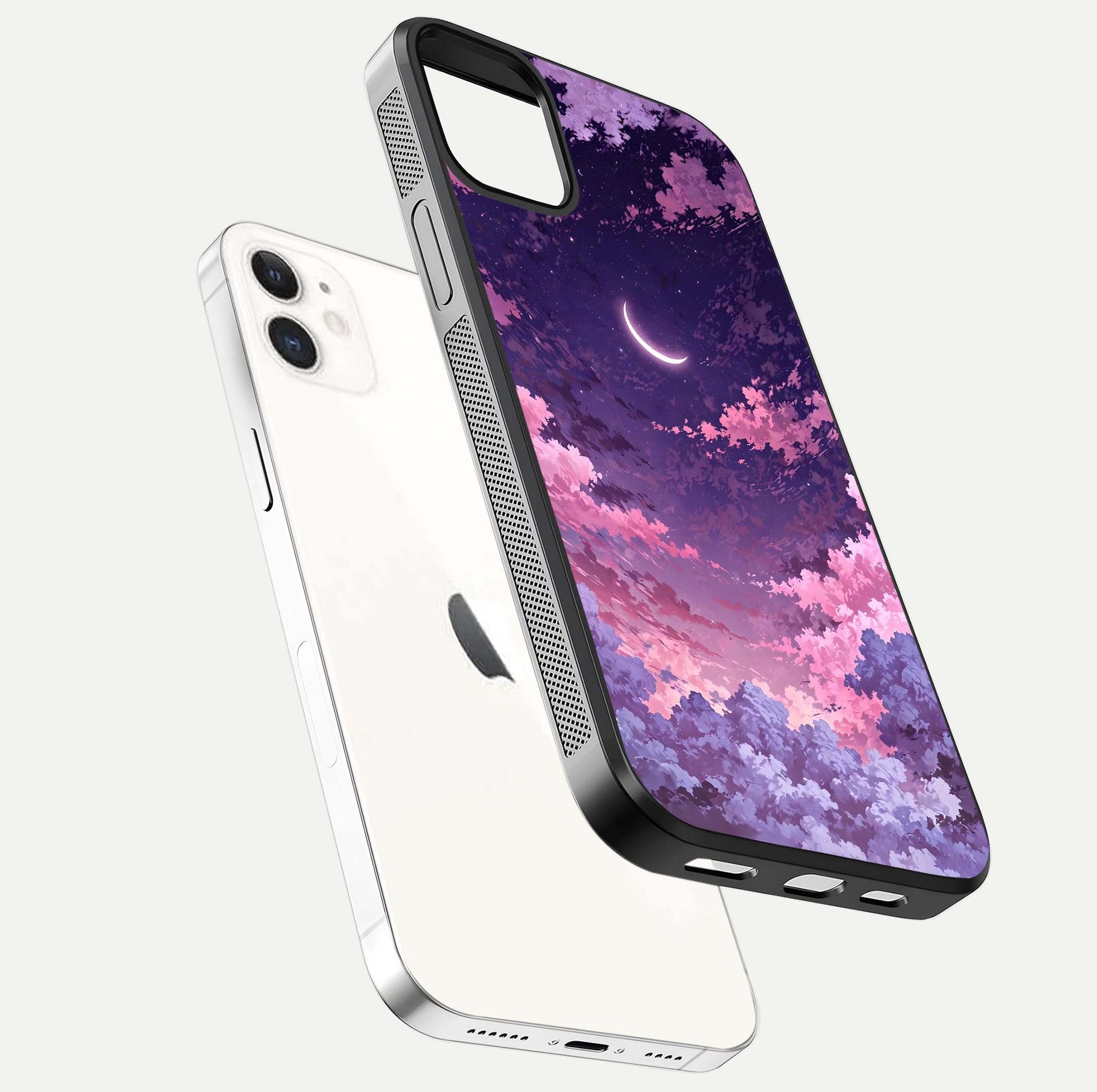 Sky Drift Clouds Glass Case for iphone-12 floating dual-view mockup displaying gloss shine and depth