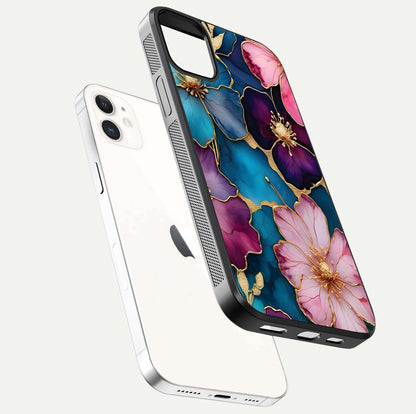 Sparkle Floral Glass Case for iphone-12 floating dual-view mockup displaying gloss surface and sparkle effect