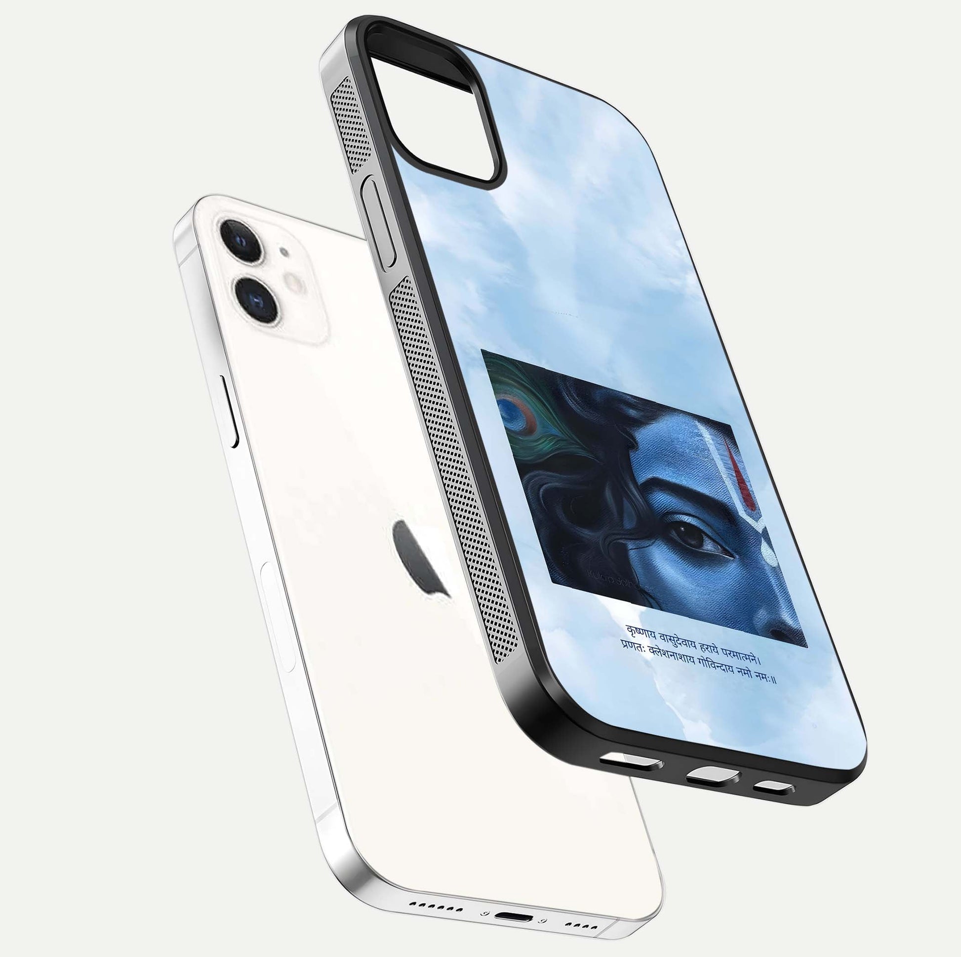 Spiritual Krishna Glass Case for iPhone 16 Pro floating dual-view mockup displaying gloss shine and divine detail