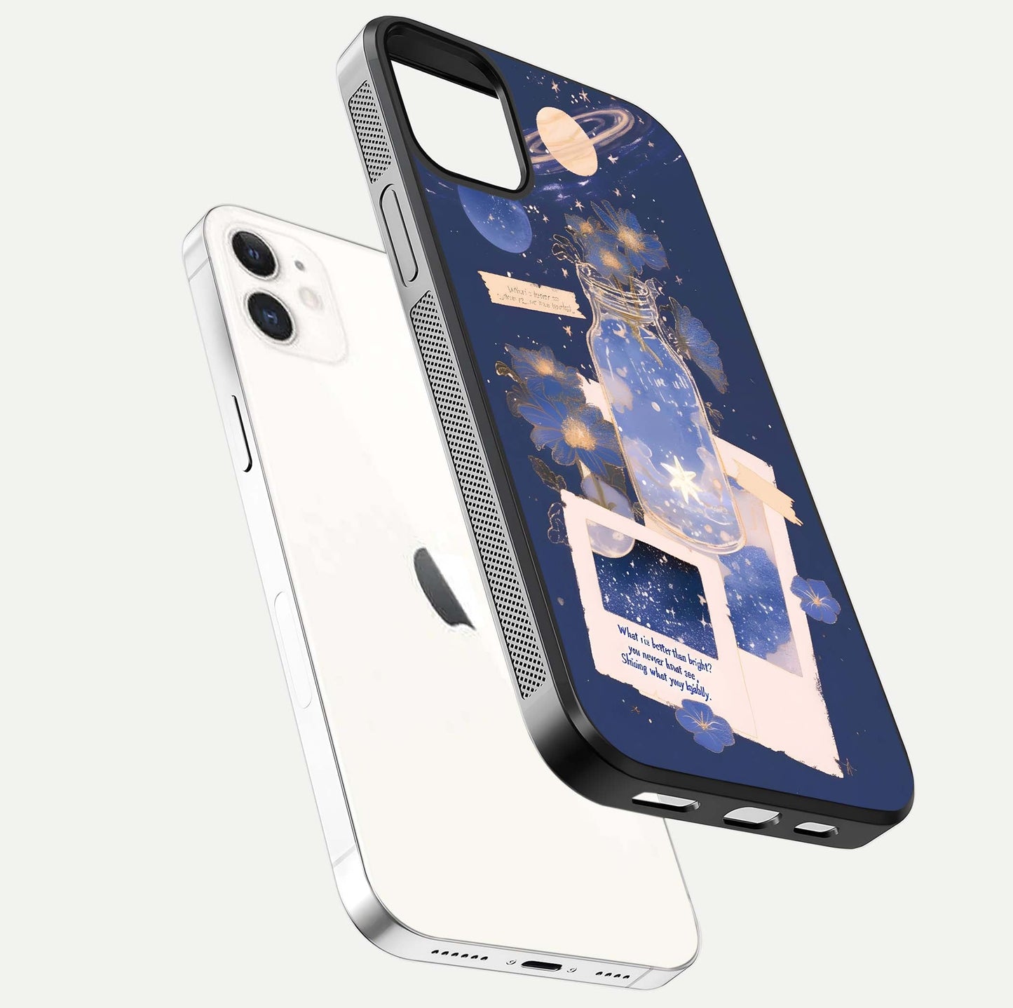 Starlit Cosmic Jar Glass Case for iphone-12 floating dual-view mockup displaying gloss and starry depth