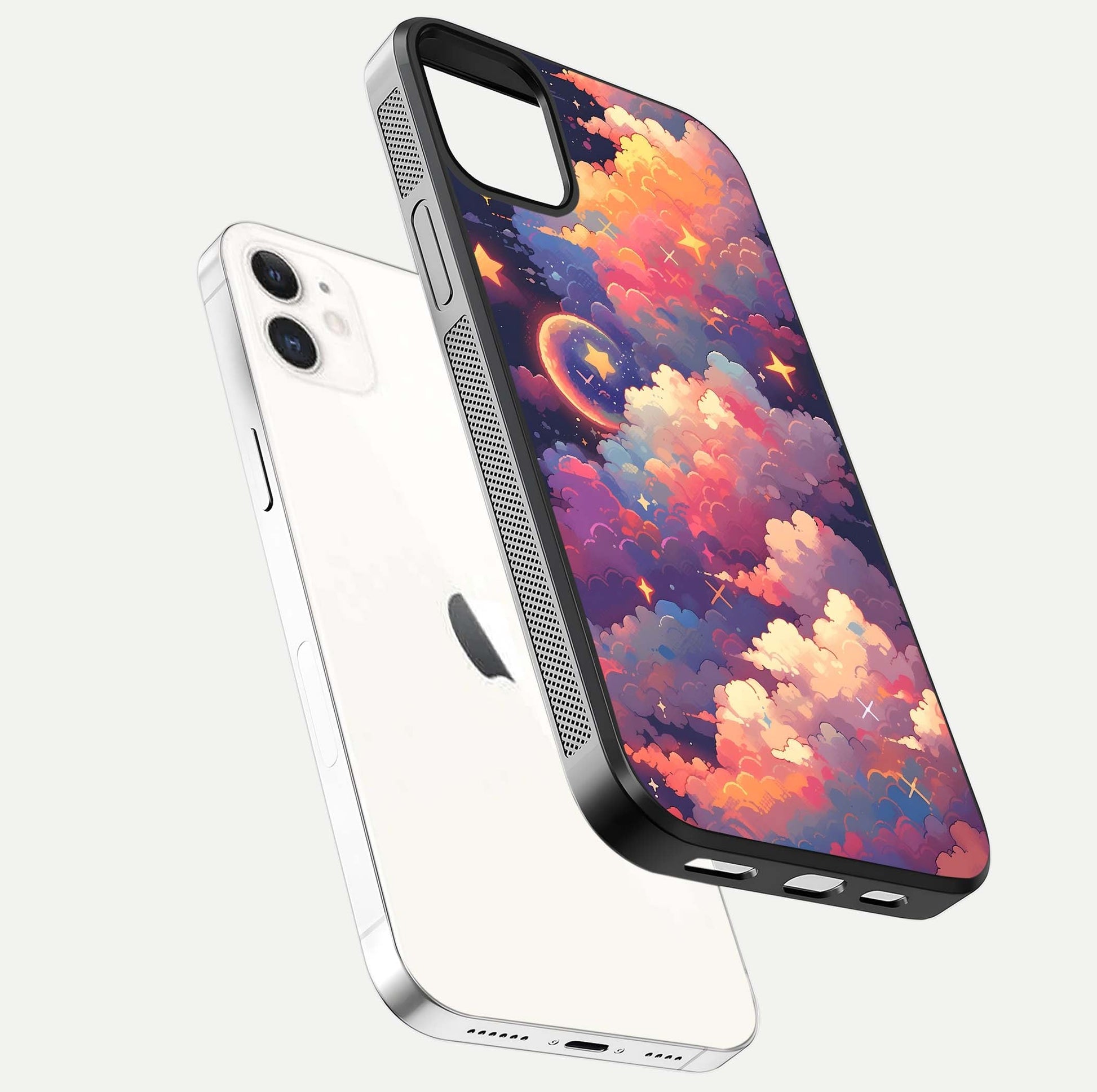 Starlit Dream Clouds Glass Case for iphone-12 floating dual-view mockup displaying gloss and soft light detail