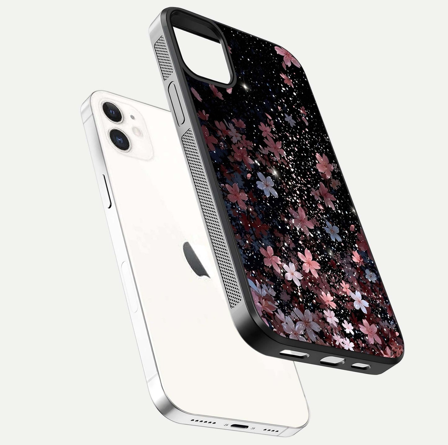 Starlit Flower Dreams Glass Case for iphone-12 floating dual-view mockup displaying gloss and print clarity
