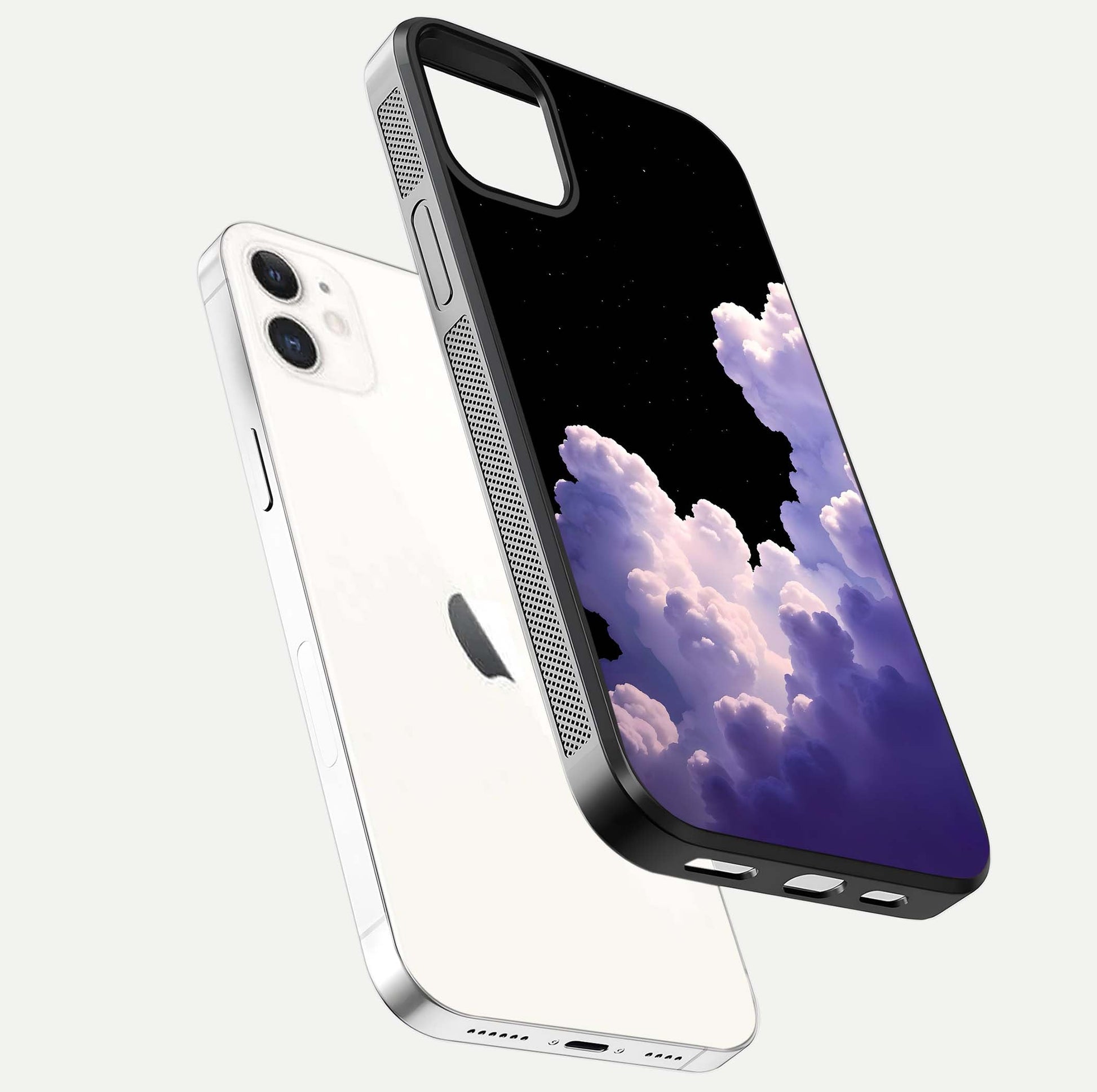 Starlit Night Whispers Glass Case for iphone-12 floating dual-view mockup displaying gloss surface and depth
