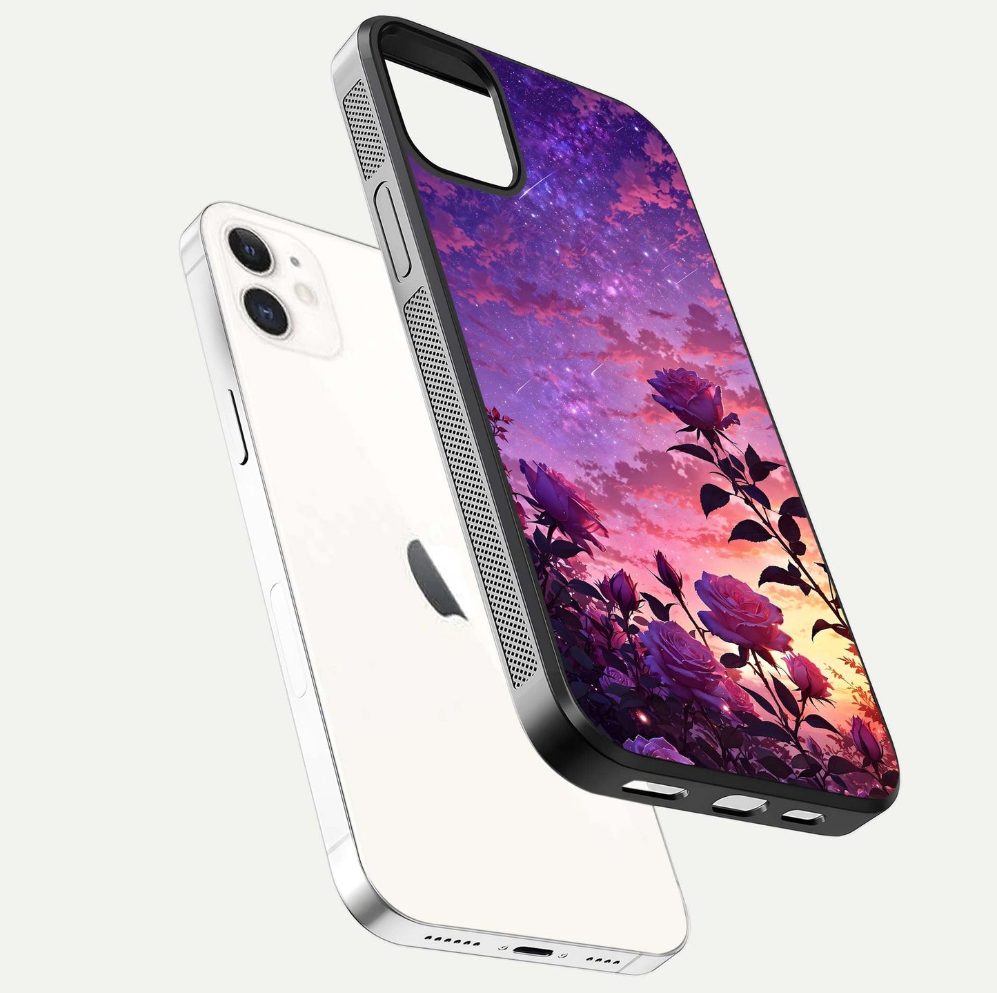 Starlit Rose Twilight Glass Case for iphone-12 floating dual-view mockup displaying gloss shine and depth