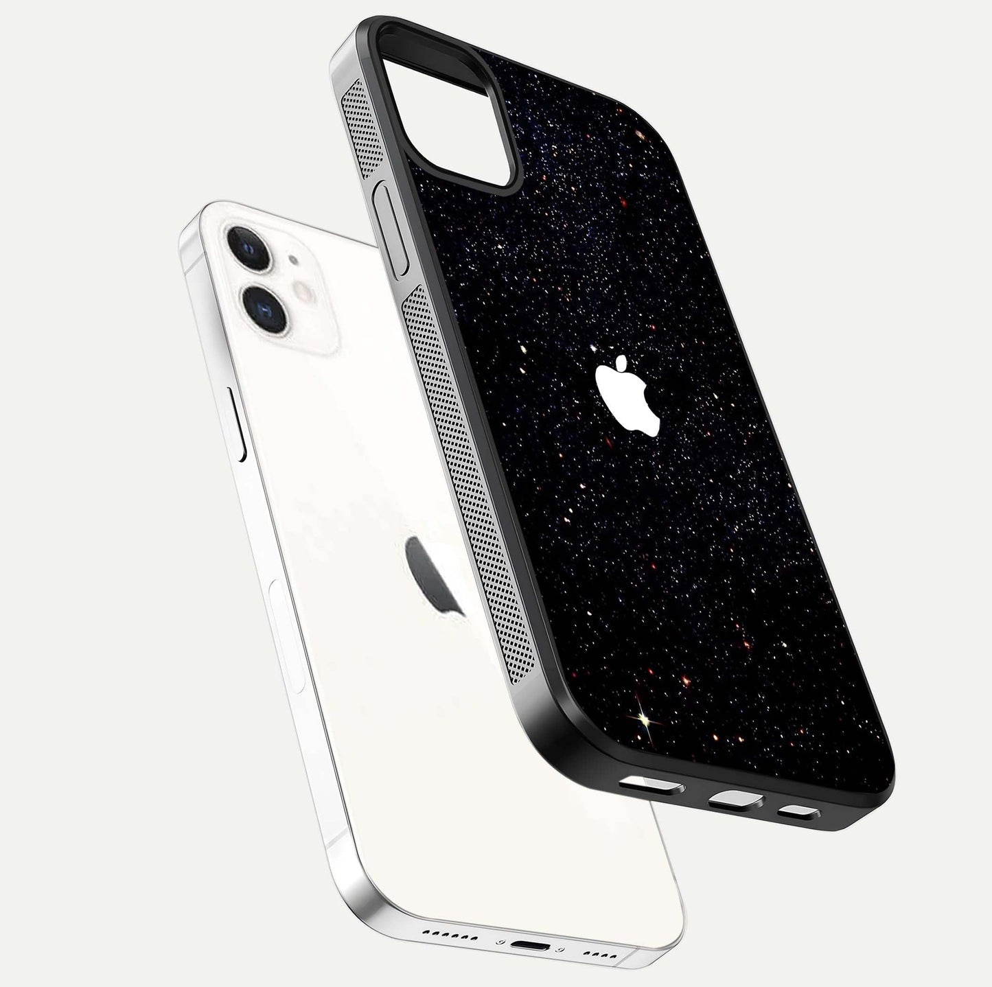 Starry Apple Galaxy Glass Case for iphone-12 floating dual-view mockup displaying reflection and shine