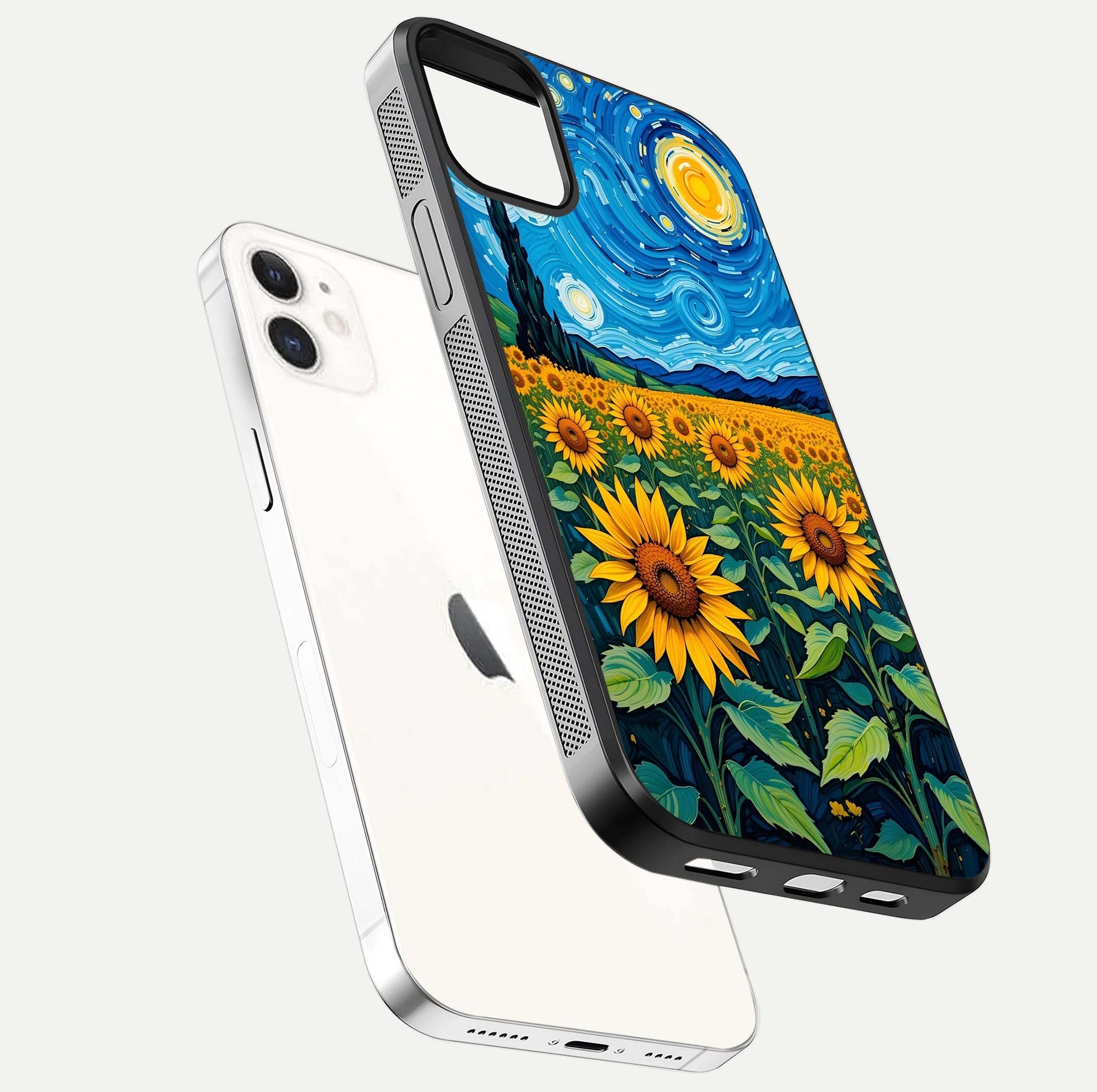 Starry Sunflower Dreams Glass Case for iphone-12 floating dual-view mockup displaying gloss and vivid print