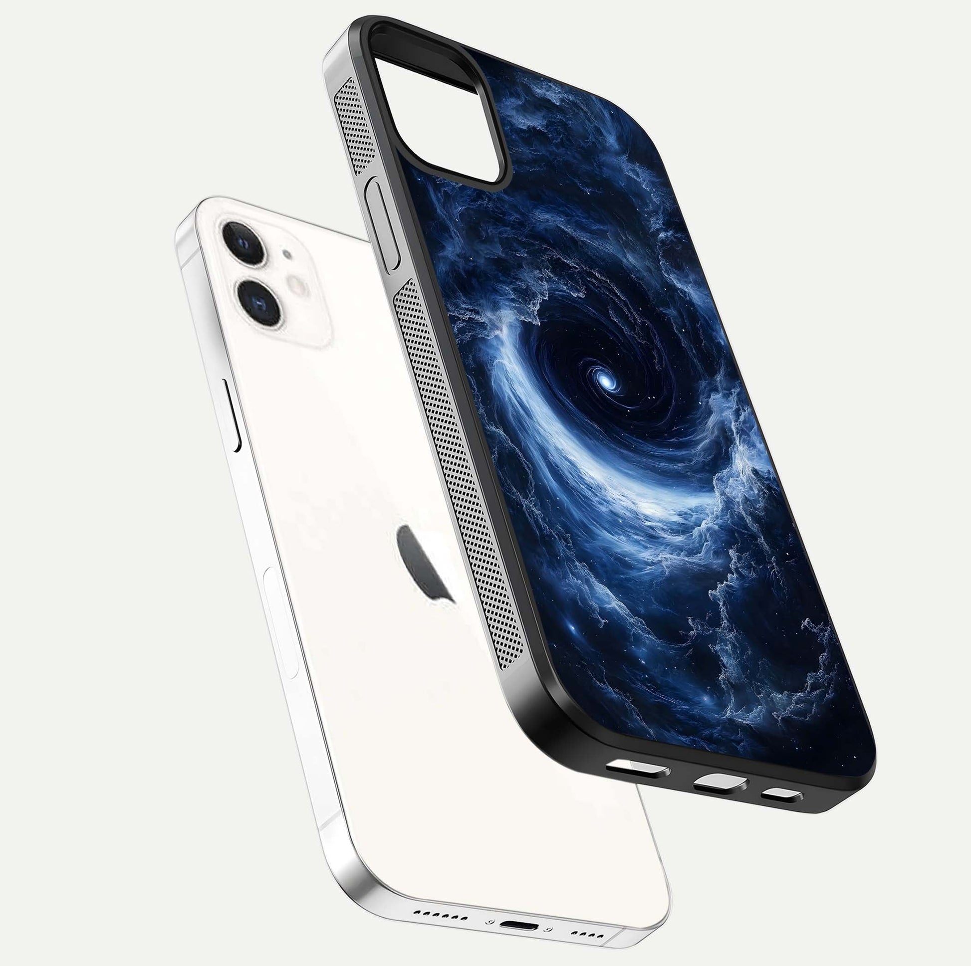 Stunning Galaxy Glass Case for iphone-12 floating dual-view mockup displaying gloss shine and vivid print depth