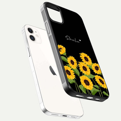 Sunflower Chic Mood Custom Name Glass Case for iPhone 16 Pro floating dual-view mockup displaying gloss texture and detail