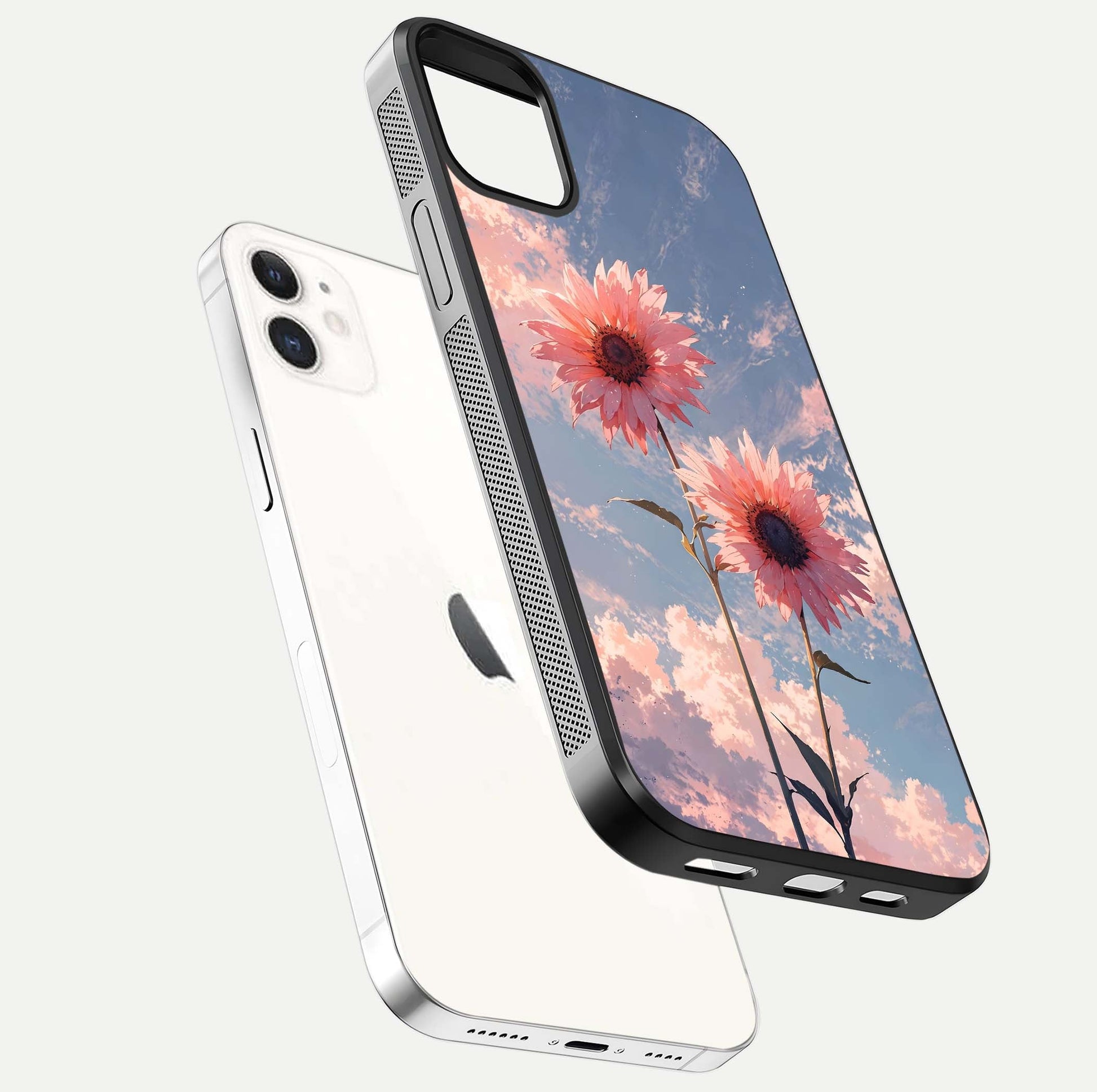 Sunlit Daisy Glow Glass Case for iphone-12 floating dual-view mockup displaying gloss finish and HD print