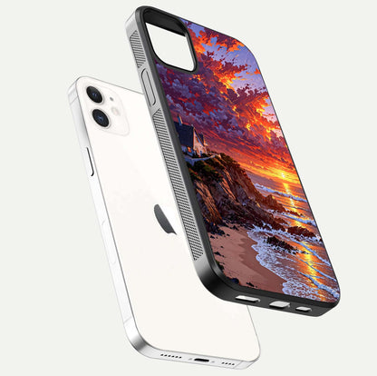 Sunset House by Sea Glass Case for iphone-12 floating dual-view mockup displaying gloss shine and depth