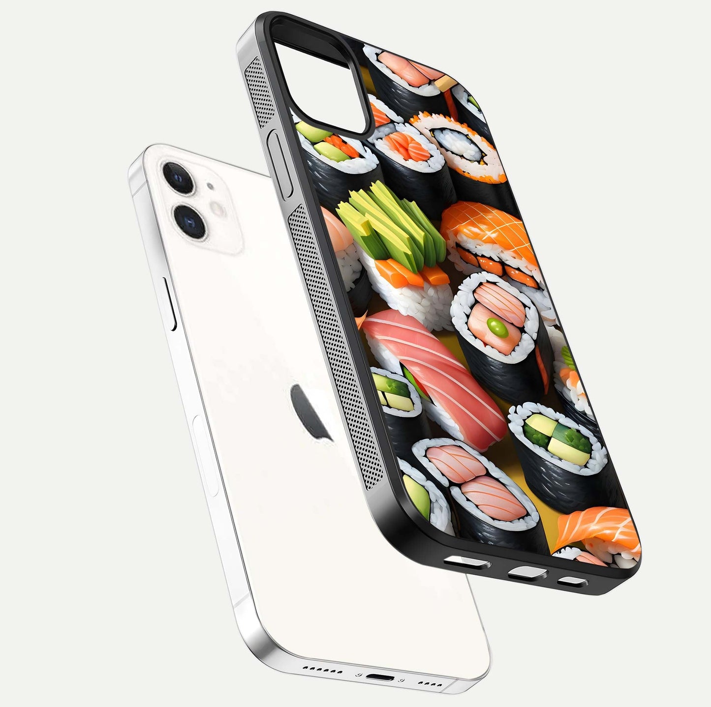 Sushi Food Pattern Glass Case for iphone-12 floating dual-view mockup displaying gloss and HD pattern