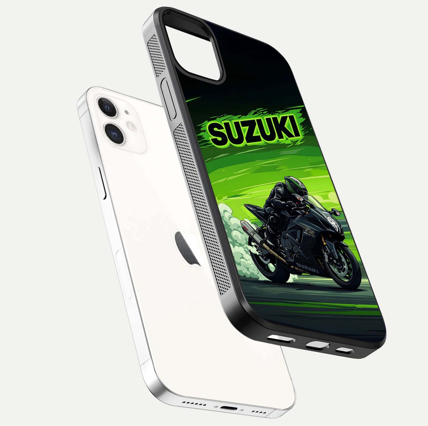 Suzuki Speed Beast Glass Case for iphone-12 floating dual-view mockup displaying gloss texture and shine