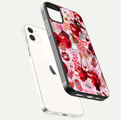 Sweet Cherry Chaos Glass Case for iphone-12 floating dual-view mockup displaying gloss surface and depth