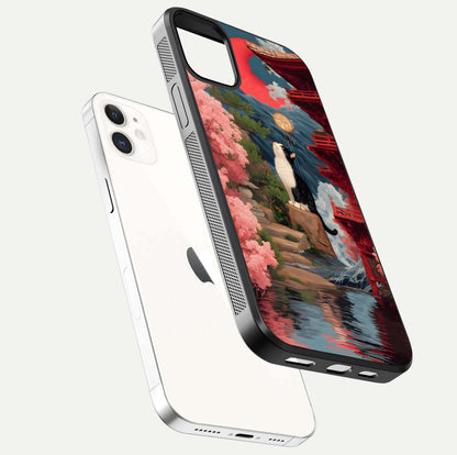 Temple Cat Scenery Glass Case for iphone-12 floating dual-view mockup displaying gloss and depth detail