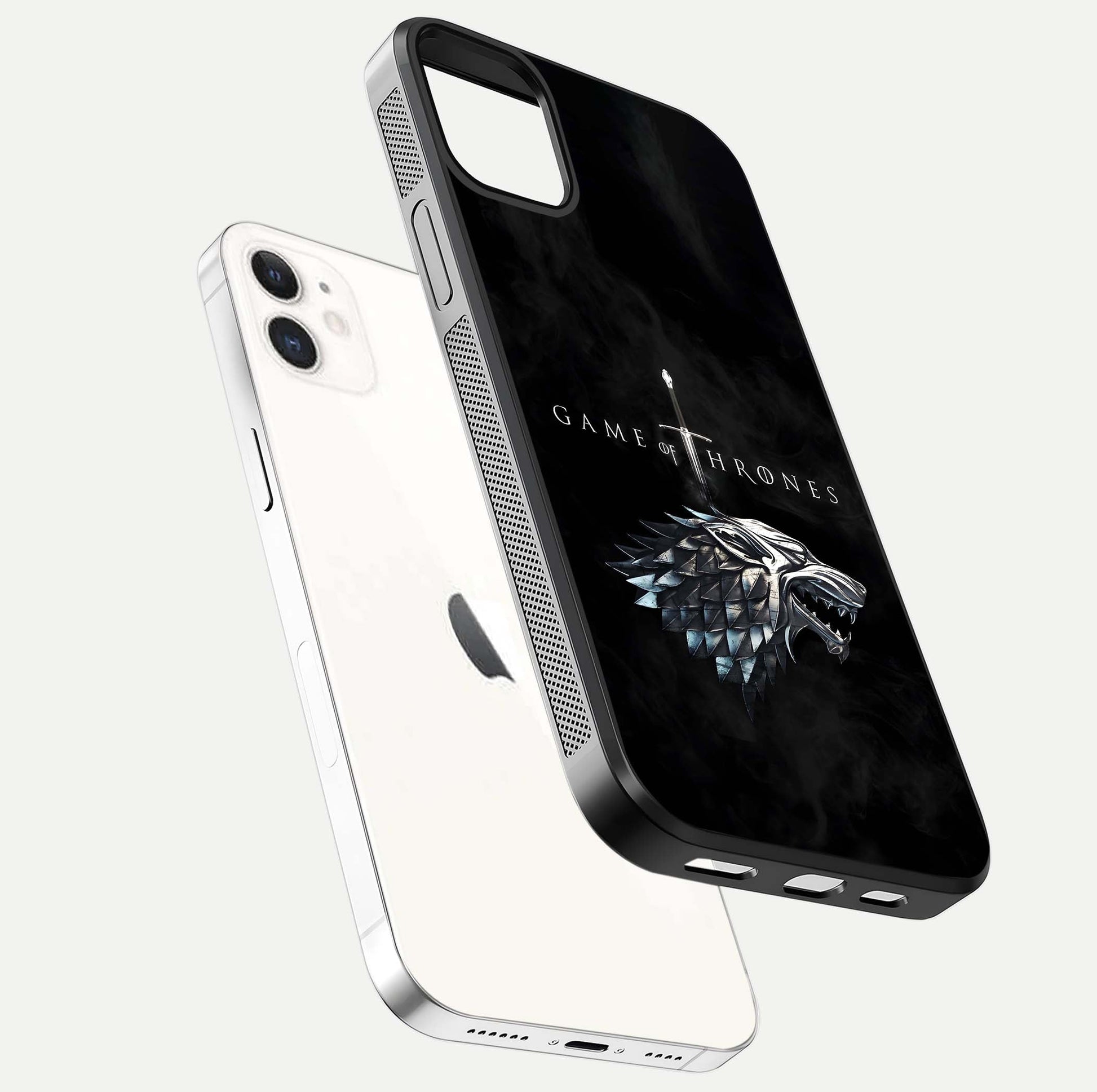 Throne Wolf Legacy Glass Case for iphone-12 floating dual-view mockup displaying gloss depth and wolf artwork