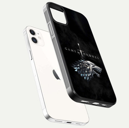 Throne Wolf Legacy Glass Case for iphone-12 floating dual-view mockup displaying gloss depth and wolf artwork