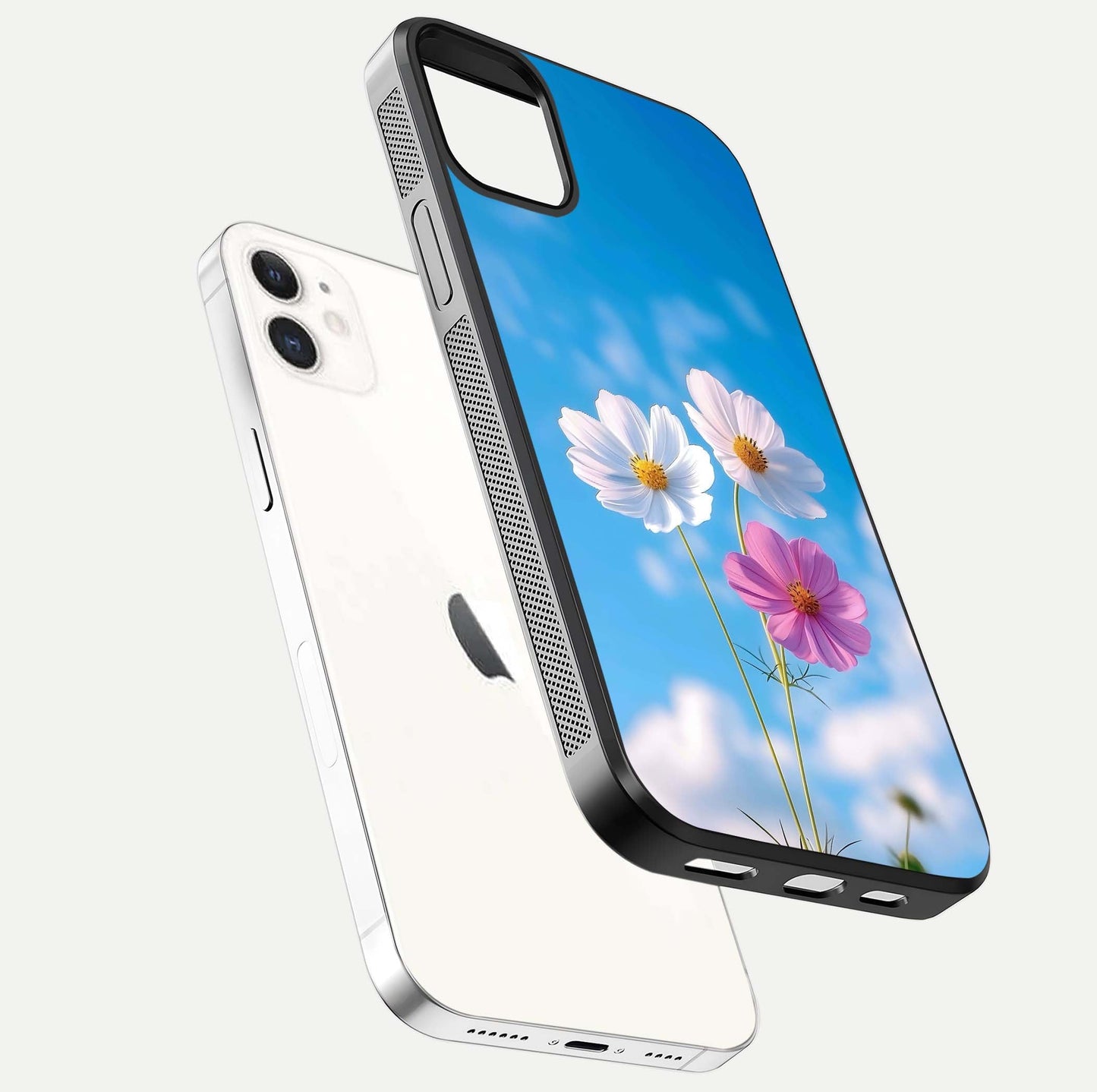 Triple Flowers With Sky Glass Case for iphone-12 floating dual-view mockup displaying gloss and soft hues