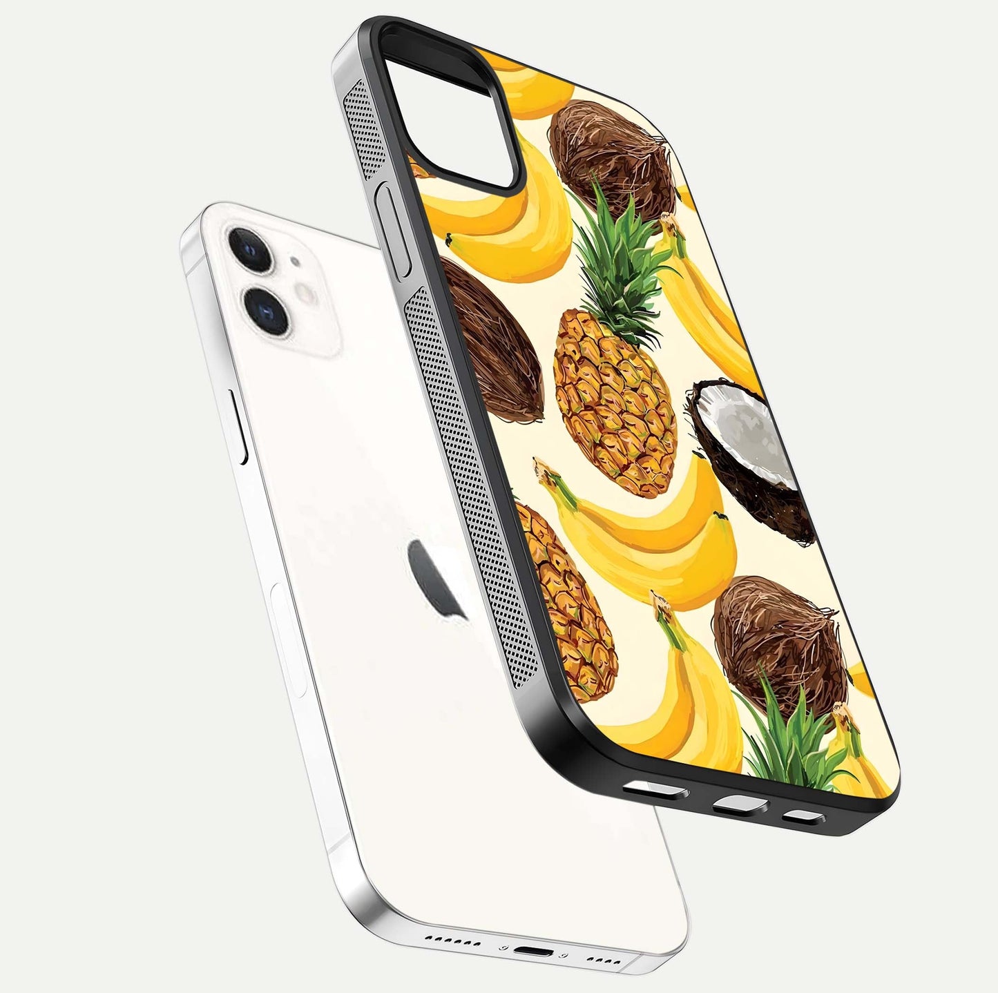 Tropical Fruit Mood Glass Case for iphone-12 floating dual-view mockup displaying gloss and vibrant colors