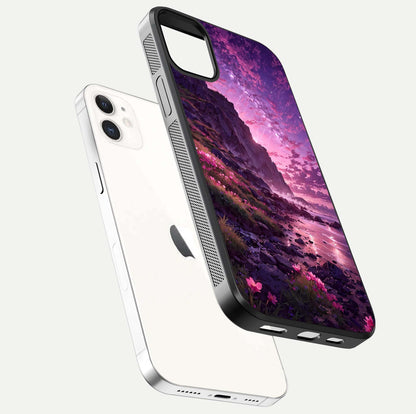 Twilight Blossom Coast Glass Case for iphone-12 floating dual-view mockup displaying gloss surface and detail