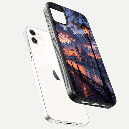 Twilight River Lights Glass Case for iphone-12 floating dual-view mockup displaying gloss shine and vivid details
