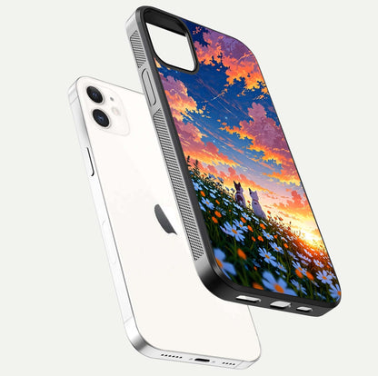 Two Cats Friends Glass Case for iphone-12 floating dual-view mockup displaying gloss surface and HD print