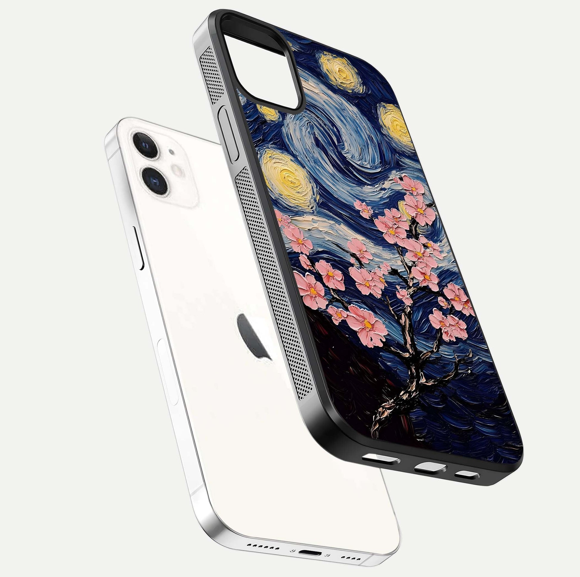 Van Gogh Scenery Glass Case for iphone-12 floating dual-view mockup displaying gloss reflection and HD quality