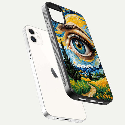 Van Gogh Eye Glass Case for iPhone 16 Pro floating dual-view mockup displaying gloss texture and depth