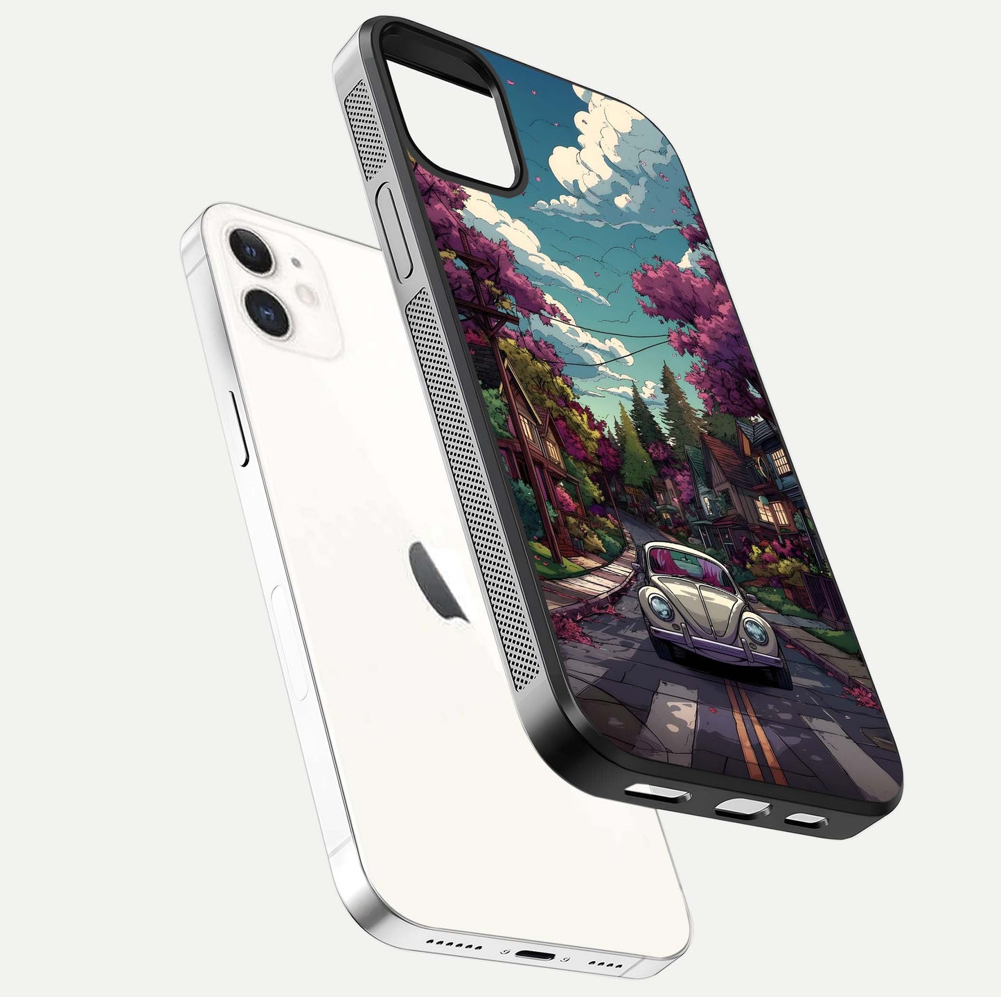 Vintage Street Drive Glass Case for iphone-12 floating dual-view mockup displaying gloss shine and texture