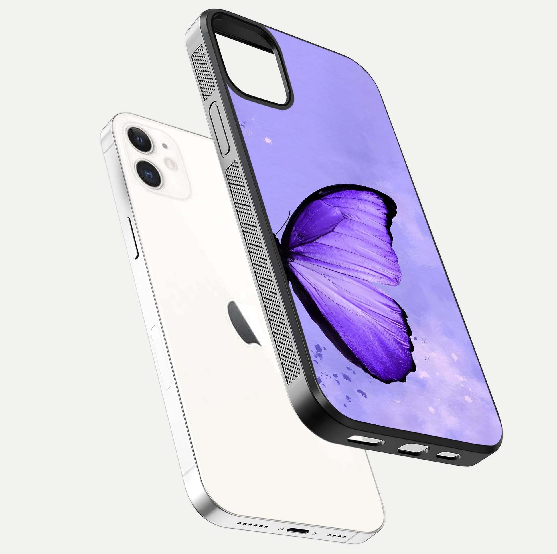 Violet Dream Wing Glass Case for iphone-12 floating dual-view mockup displaying gloss depth and clarity