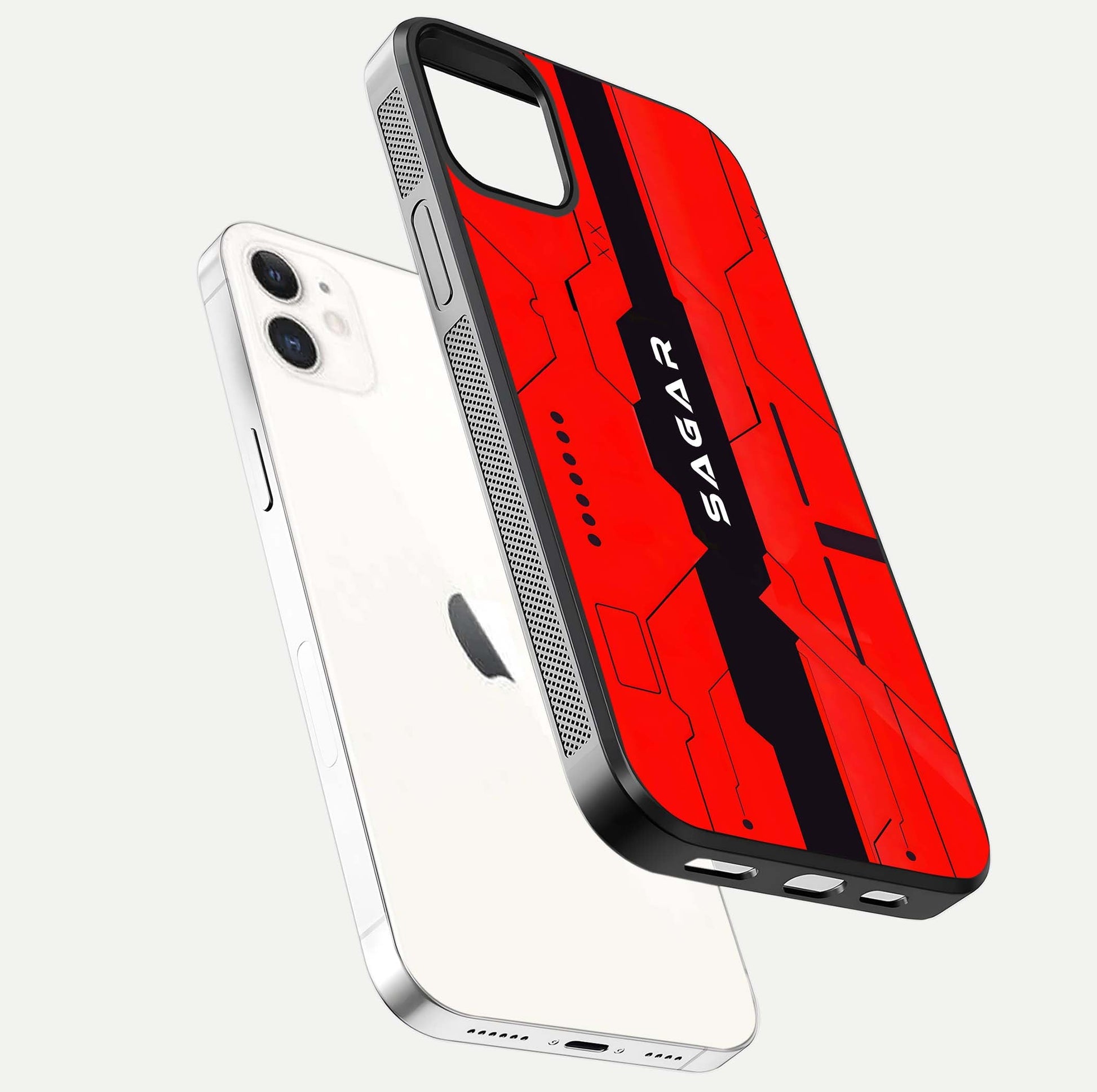 Voltage Rise CYBERPUNK Custom Name Glass Case for iphone-12 floating dual-view mockup displaying gloss shine and lighting