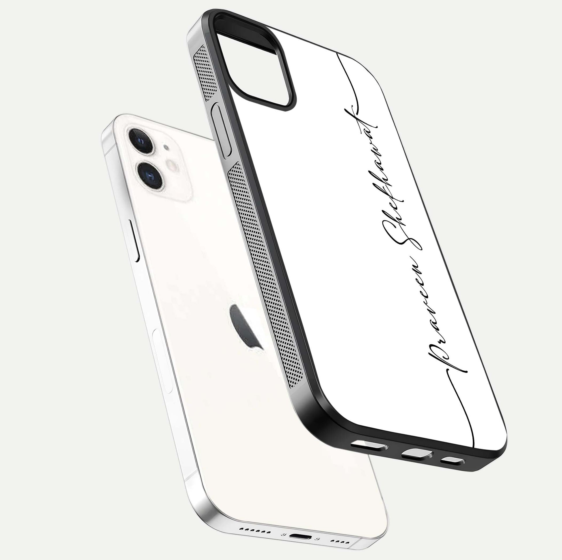 White Tune Custom Name Glass Case for iPhone 12 Mini floating dual-view mockup displaying gloss and HD detail