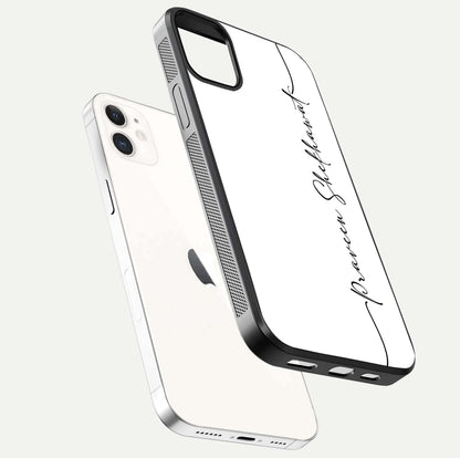 White Tune Custom Name Glass Case for iPhone 12 Mini floating dual-view mockup displaying gloss and HD detail
