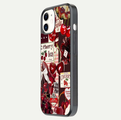Aesthetic Cherry Tea Glass Case for iPhone 16 Pro side-angle image showing cherry collage print, camera module, and glossy finish reflection