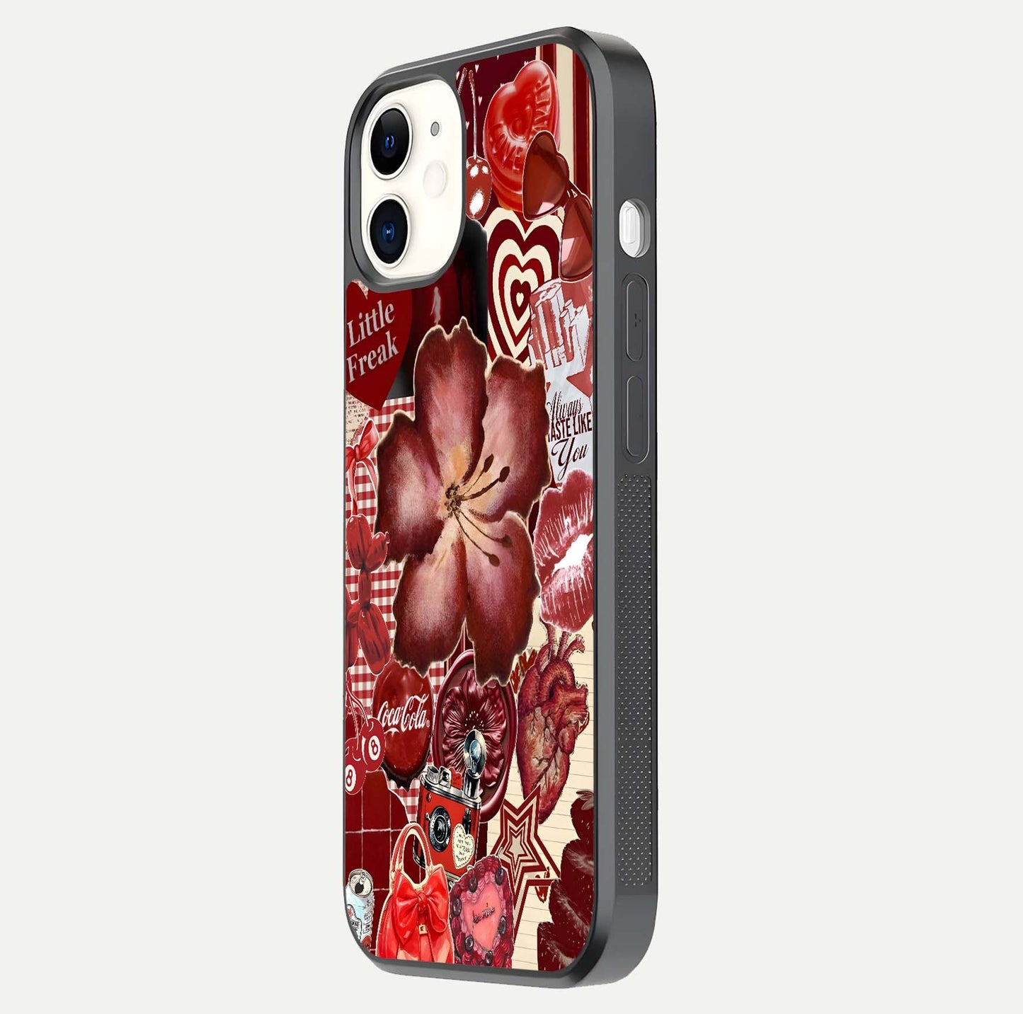 Aesthetic Little Freak Glass Case for iPhone 16 Pro side-angle image showing colorful design, camera module, and glossy finish reflection