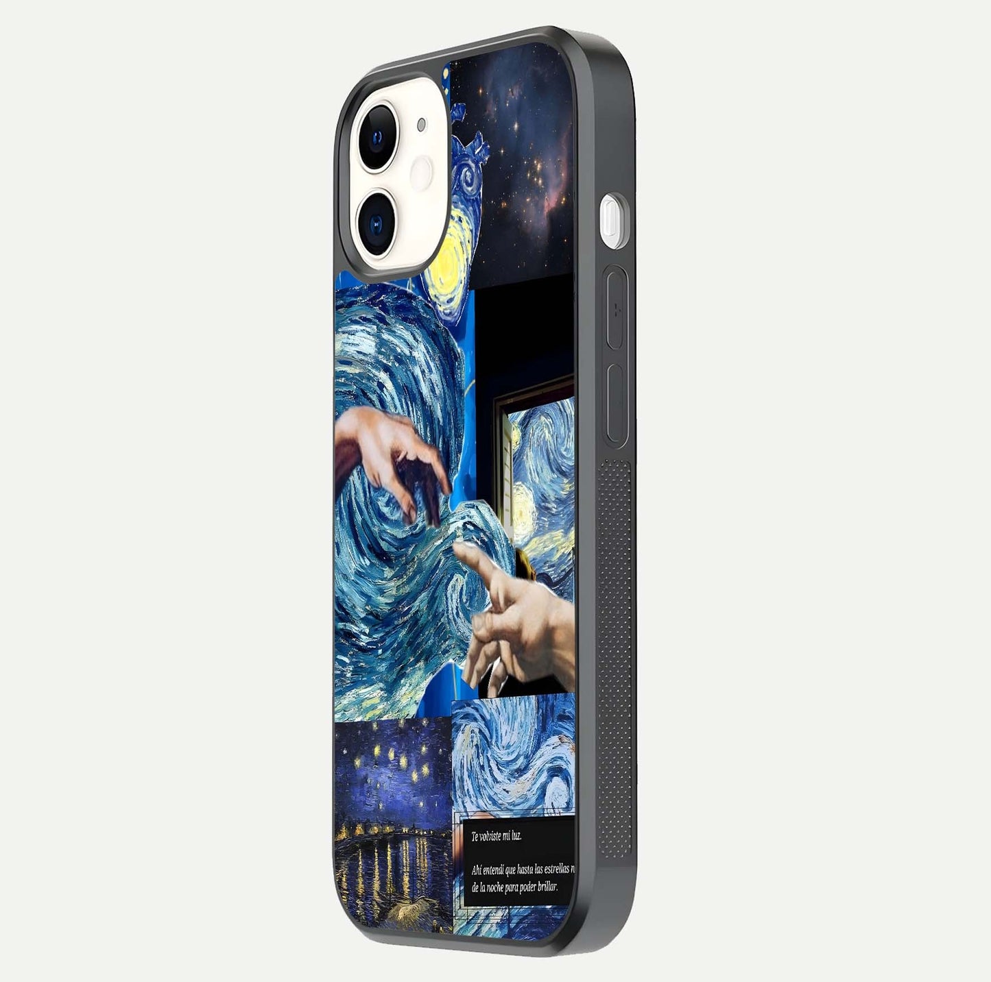Aesthetic Vando Hands Glass Case for iPhone 16 Pro side-angle image showcasing hand design, protective edges, and gloss texture