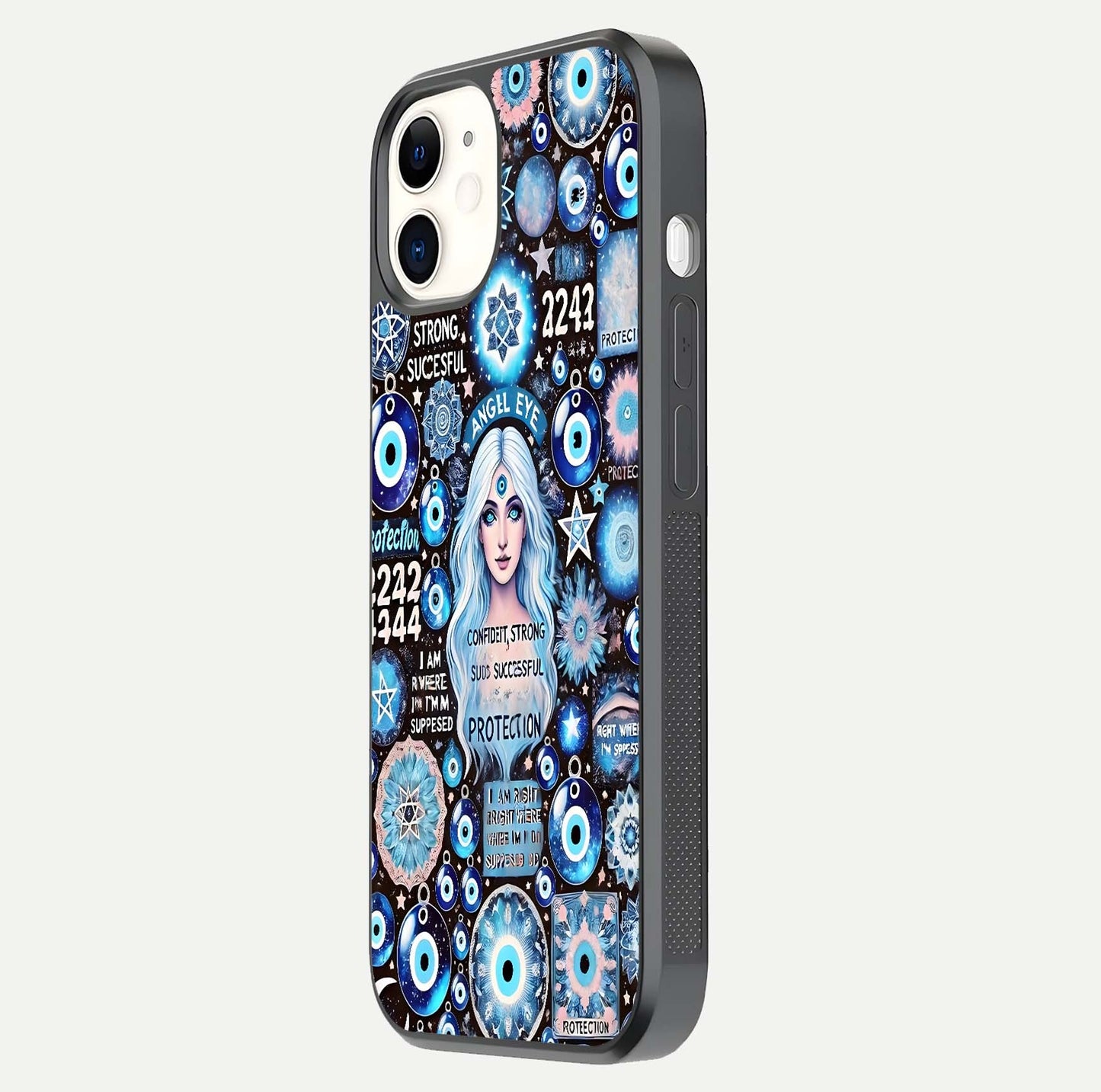 Angel Aura Shield Glass Case for iPhone 16 Pro side-angle photo showcasing aura details and glossy surface reflection