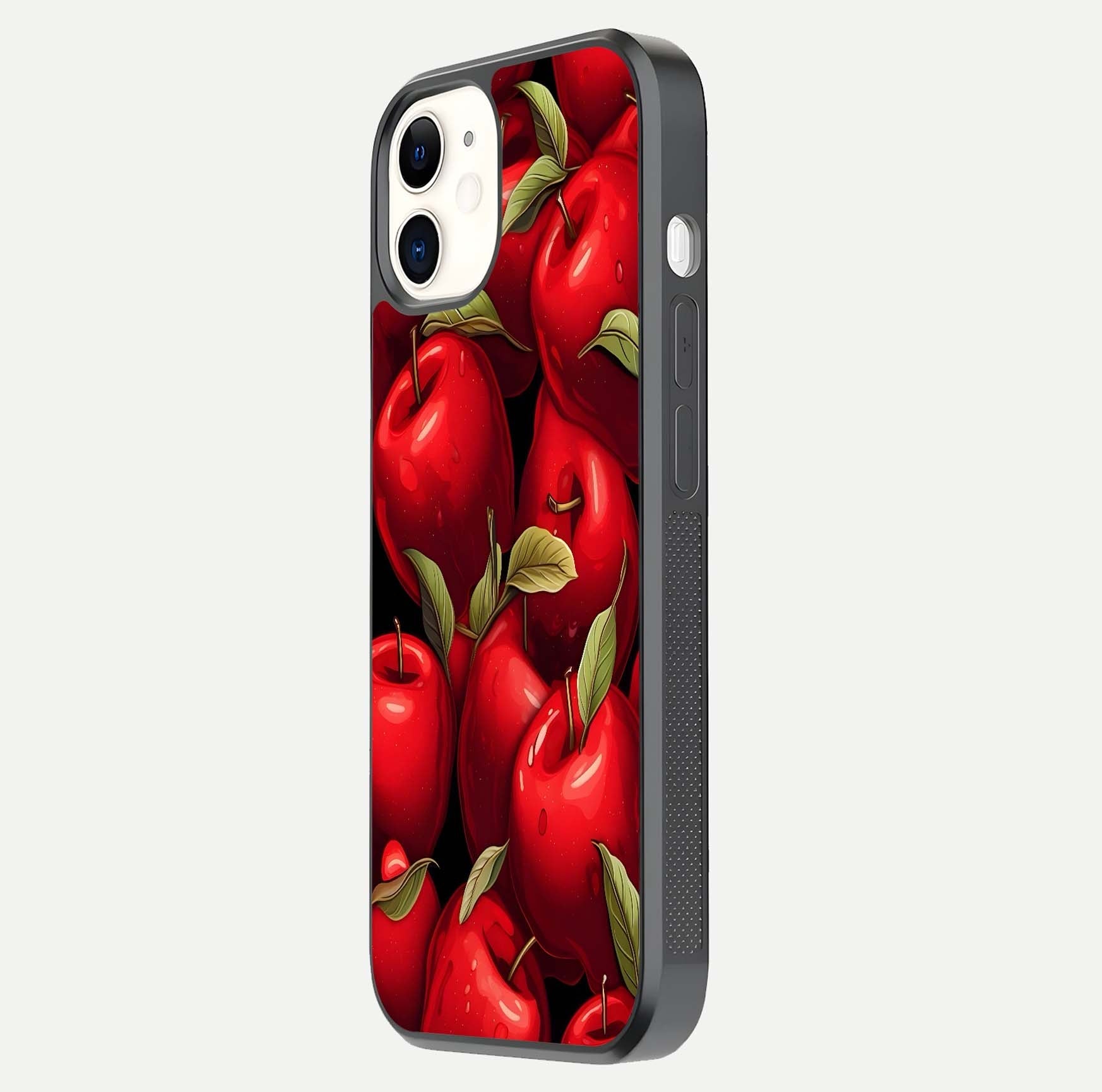 Apple Pattern Glass Case for iPhone 12 Mini side-angle image showcasing minimalist apple print and gloss reflection
