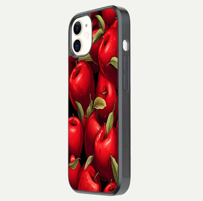 Apple Pattern Glass Case for iPhone 12 Mini side-angle image showcasing minimalist apple print and gloss reflection