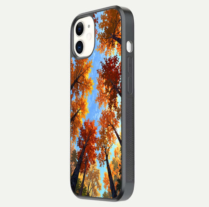 Autumn Sky Rise Glass Case for iphone-12 side-angle showing autumn art tones and protective corners