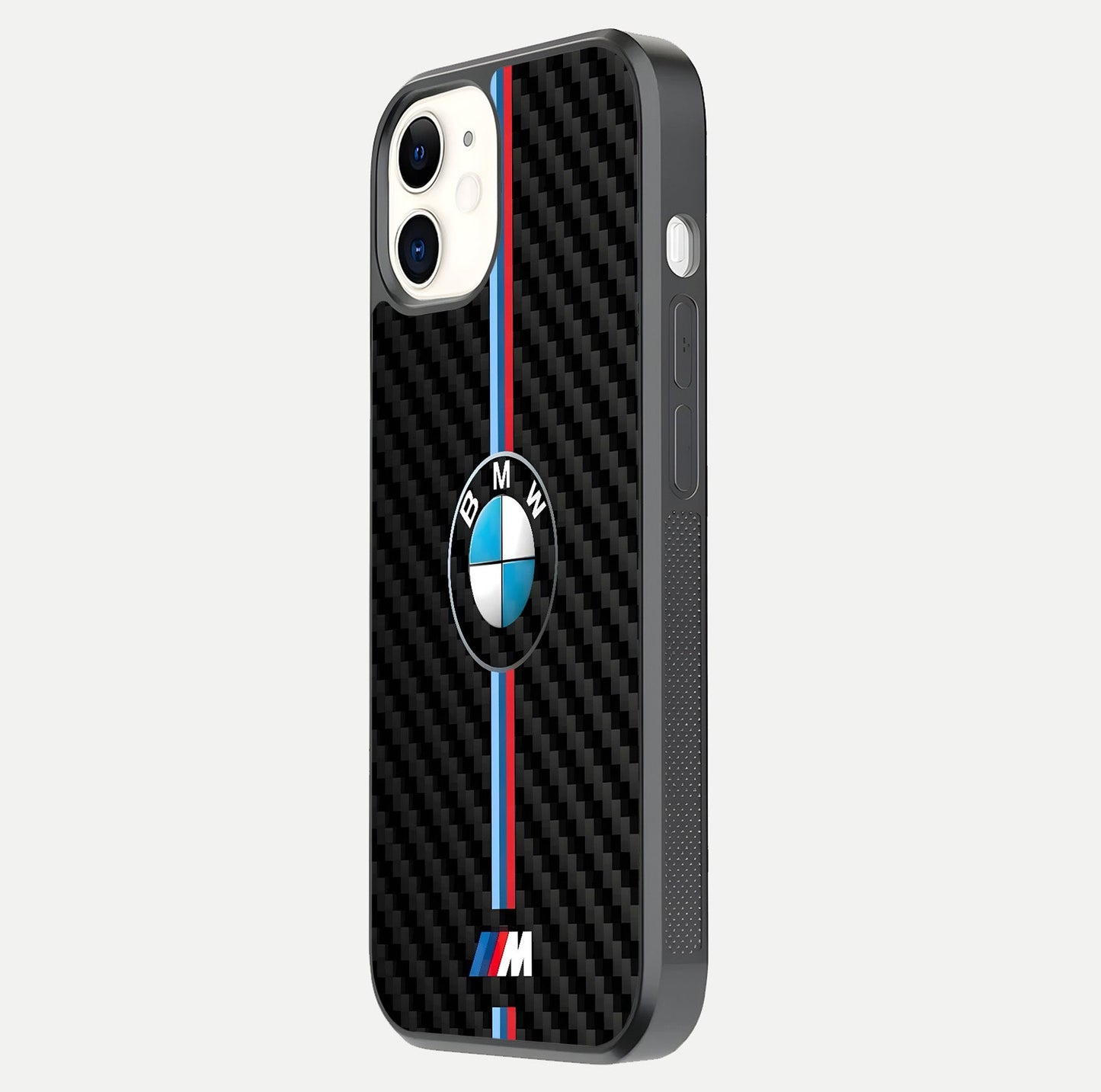 BMW Pattern Glass Case for iphone-12 side-angle image showing edge finish and luxury car-inspired shine