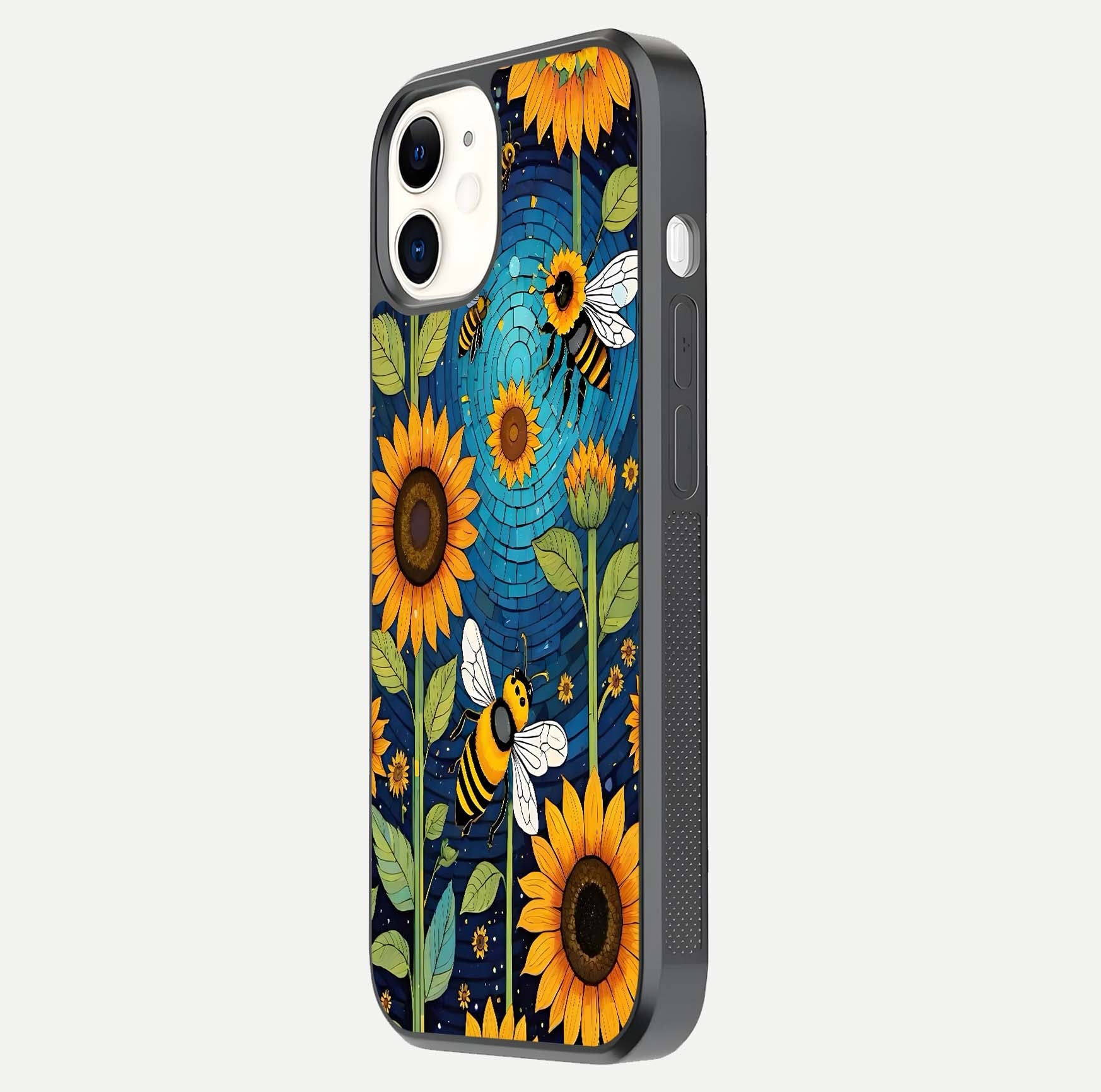 Bees & Sunflowers Glass Case for iPhone 16 Pro side-angle image showing bee pattern alignment and shiny protective surface