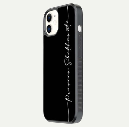 Black Tune Custom Name Glass Case for iPhone 12 Mini side-angle photo showing mirror-like surface and slim profile