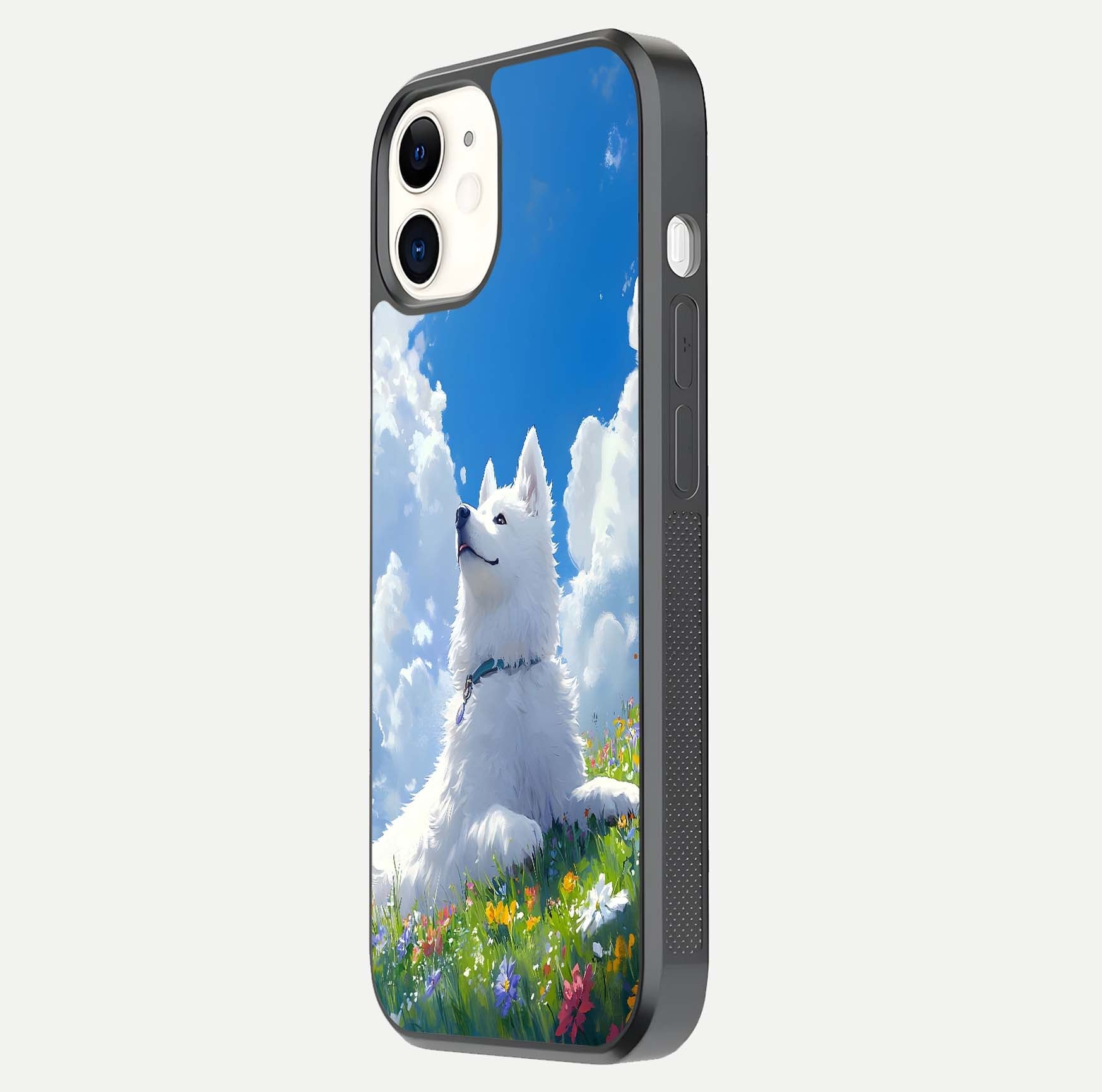 Blissful Cloud Pup Glass Case for iPhone 16 Pro side-angle shot displaying puppy print and glossy texture