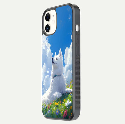 Blissful Cloud Pup Glass Case for iPhone 16 Pro side-angle shot displaying puppy print and glossy texture