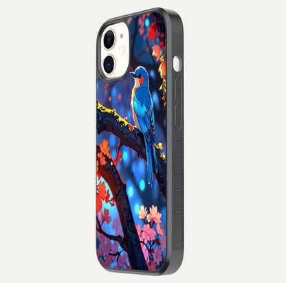 Blooming Spendor Bird Glass Case for iphone-12 side-angle photo showing floral wings and reflection finish