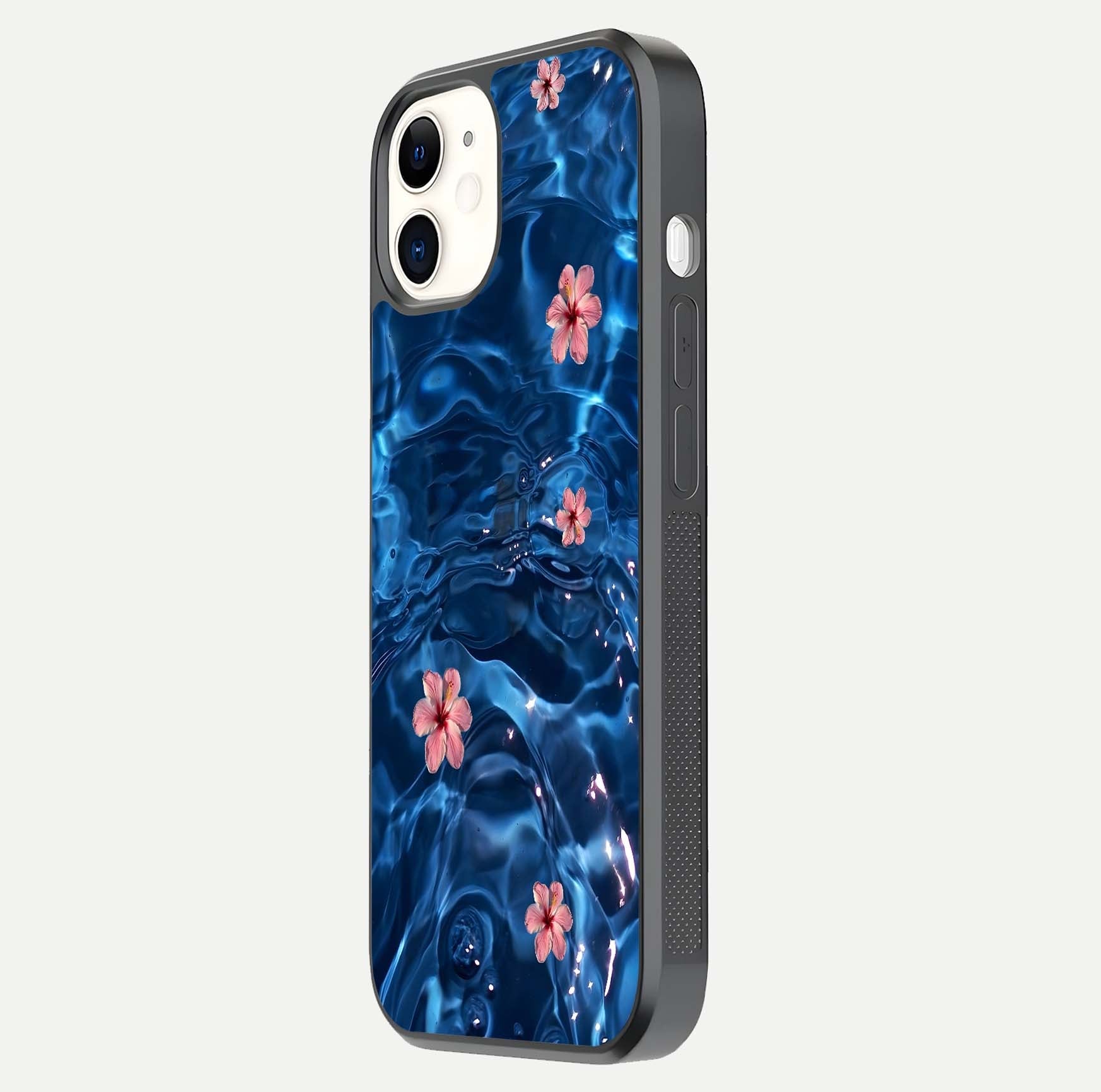Blooming Water Drift Glass Case for iphone-12 side-angle image showcasing blossom flow, curved corners, and HD glass gloss