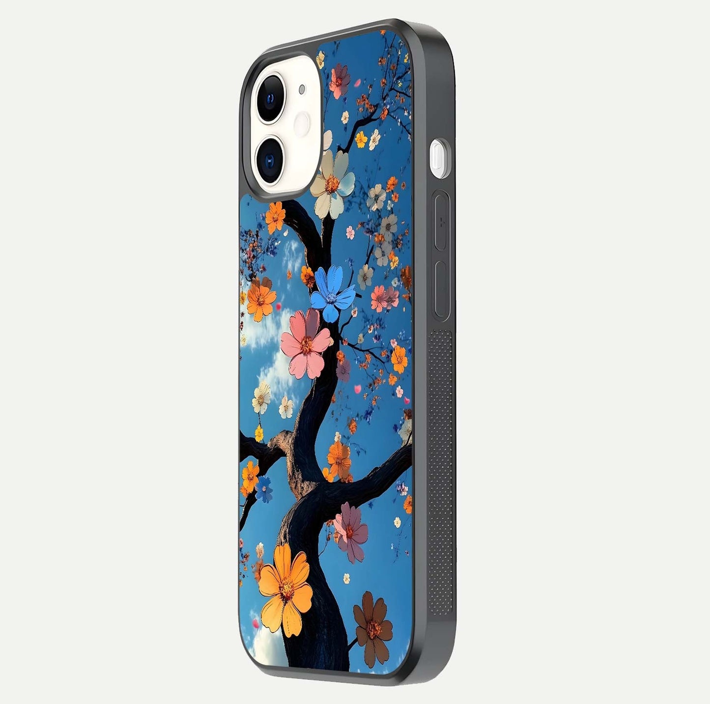 Blossom Dream Sky Glass Case for iphone-12 side-angle photo showing flower details, edge curve, and reflection shine
