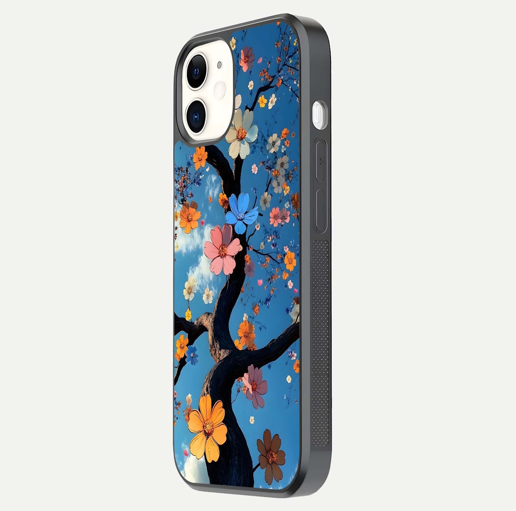 Blossom Dream Sky Glass Case for iphone-12 side-angle photo showing flower details, edge curve, and reflection shine