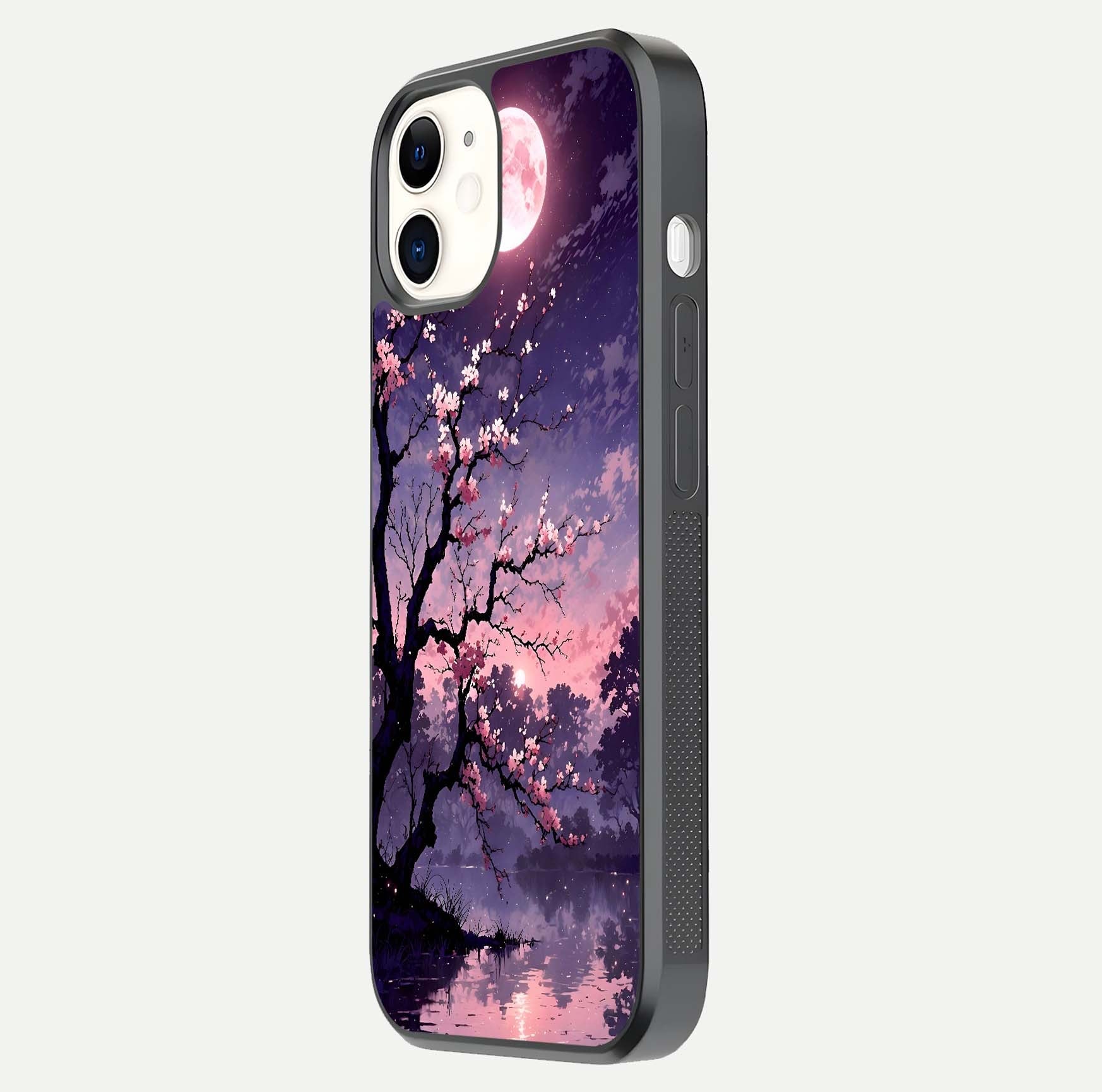 Blossom Pink Moon Glass Case for iphone-12 side-angle image showing glossy curve and floral-moon balance